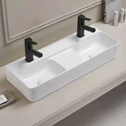 Arezzo Double Bowl Wall Mounted Basin - 810mm Wide - 1 Tap Hole per Bowl -Wall Hung Basins Shop AZ78623 d2 460