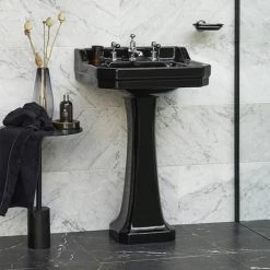 Burlington Jet Black Edwardian 56cm Basin with Standard Pedestal -Wall Hung Basins Shop JETED1TH D2 460